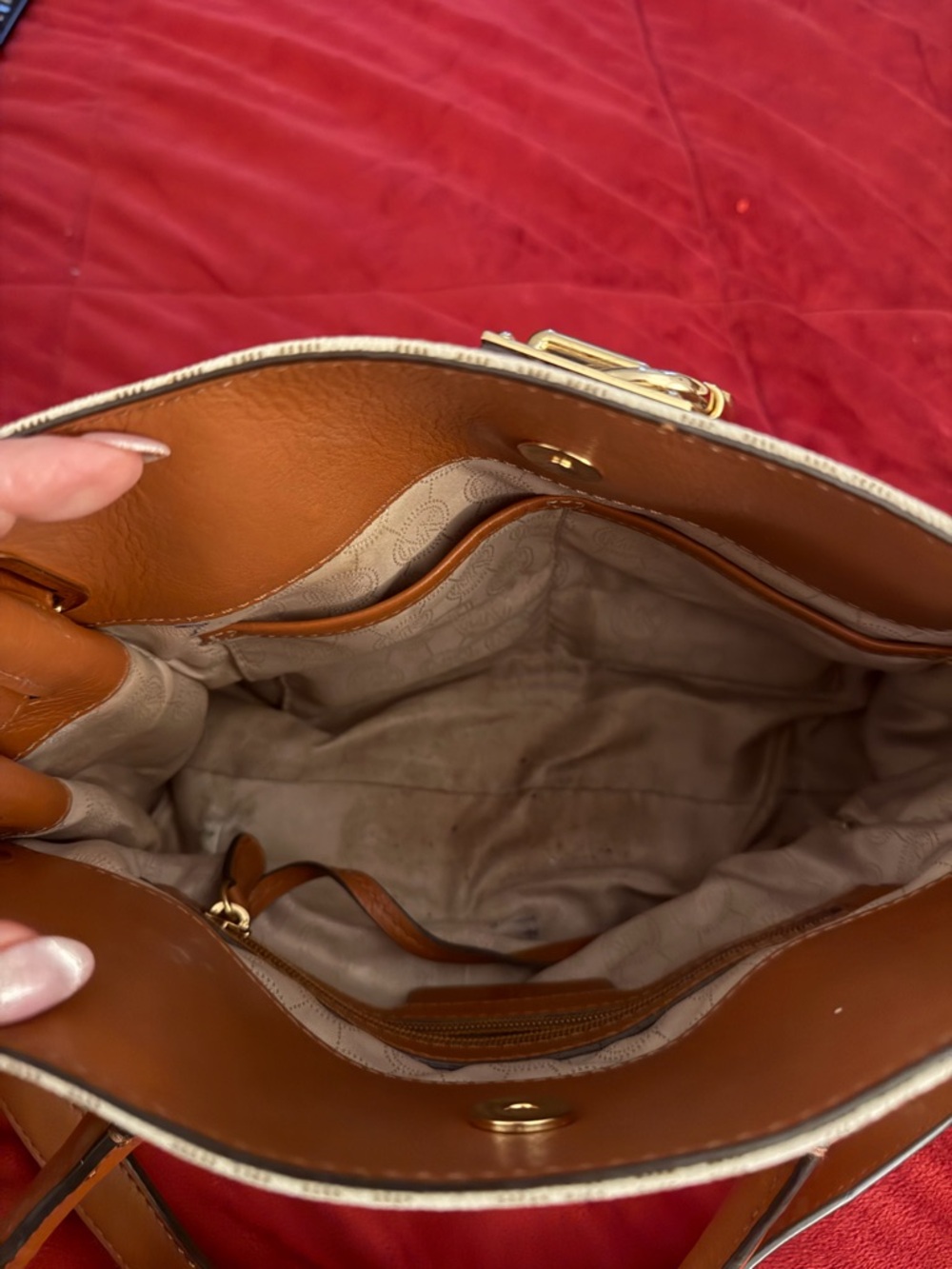 Michael Kors Hamilton Tote Cream & Tan Logo leather Satchel with Gold Hardware - Picture 6 of 9